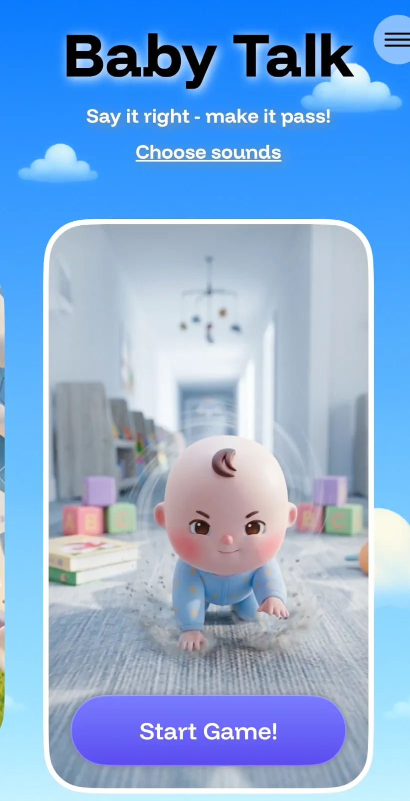 Baby Talk speech therapy game screen with a crawling baby and a word card