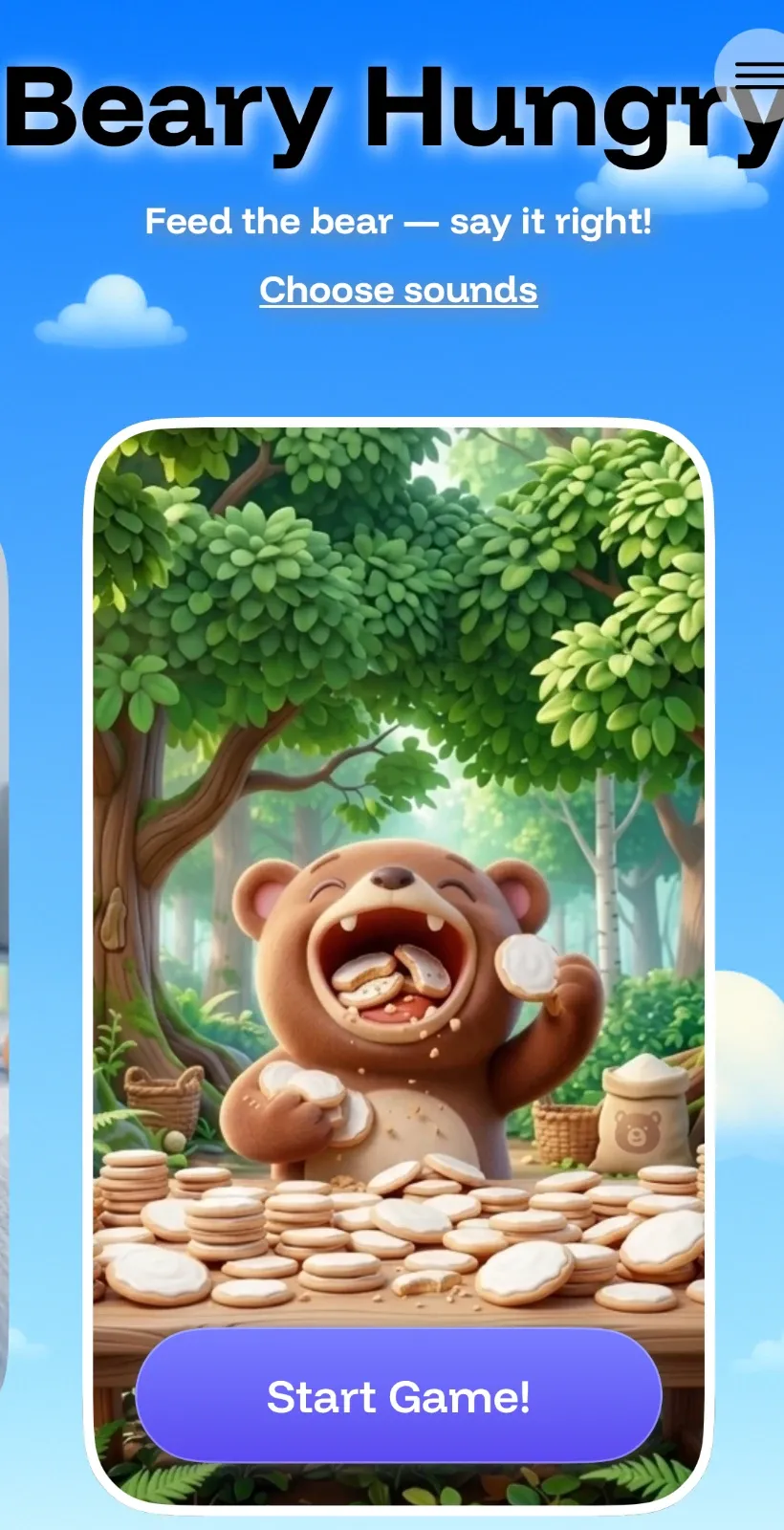 Beary Hungry speech therapy game screen with a bear catching food