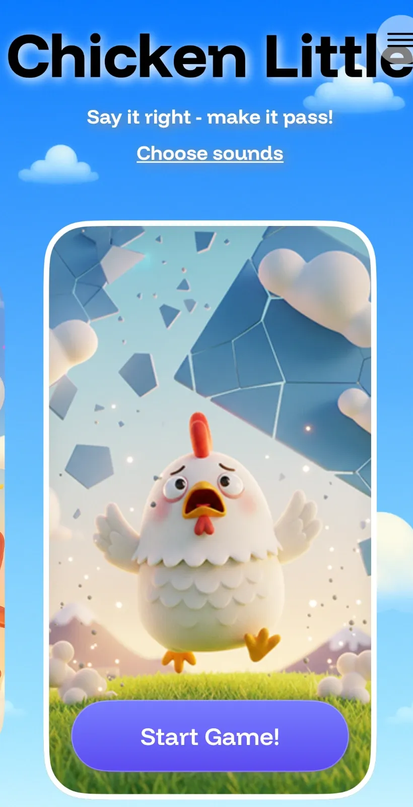 Chicken Little speech therapy game screen with a word card falling toward a chicken