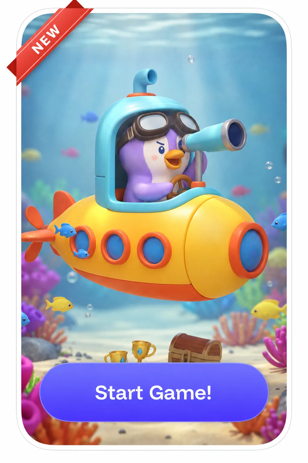 Perry In Submarine speech therapy game card showing Perry the penguin underwater