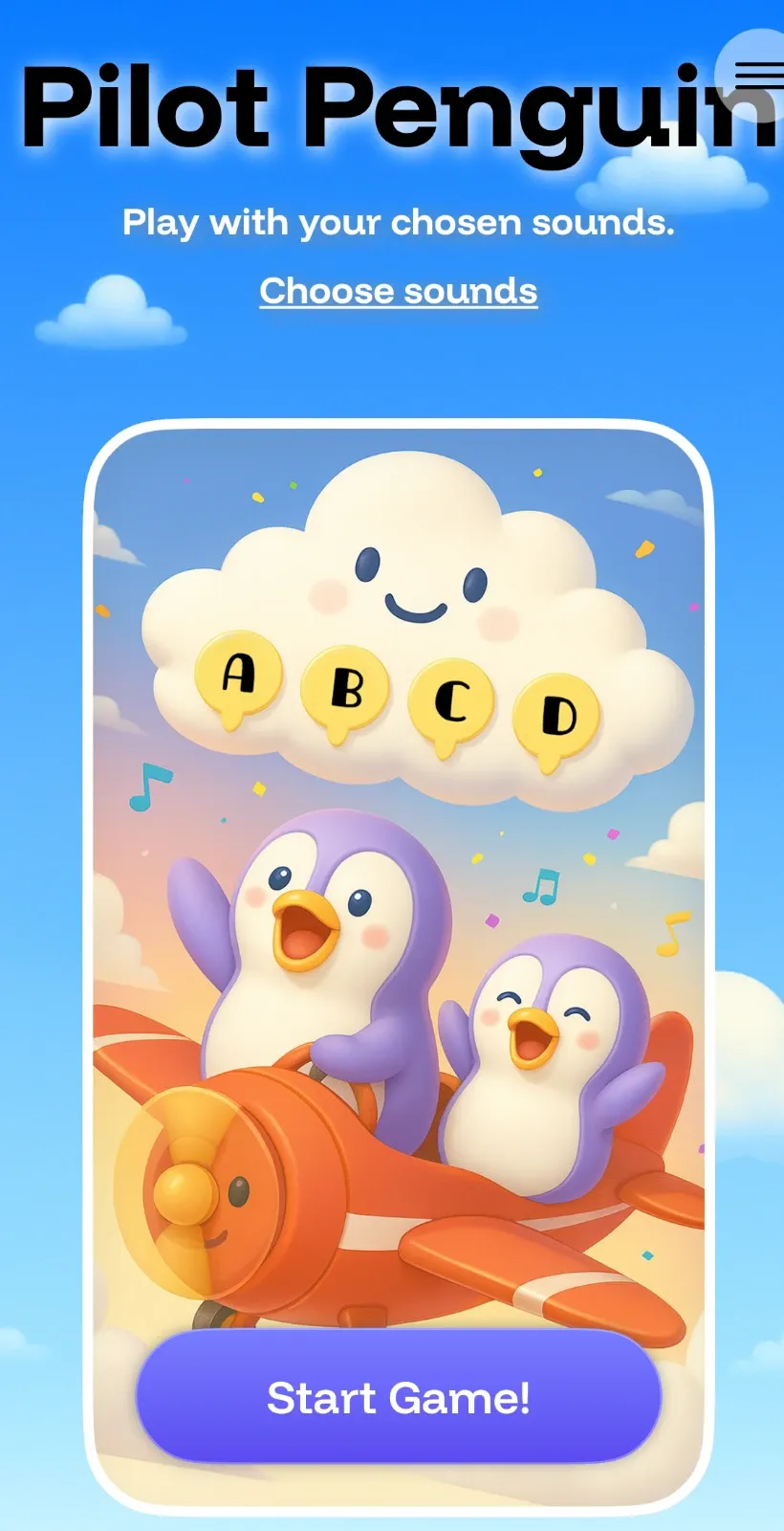 Pilot Penguin speech therapy game screen with Perry flying a plane toward a word card