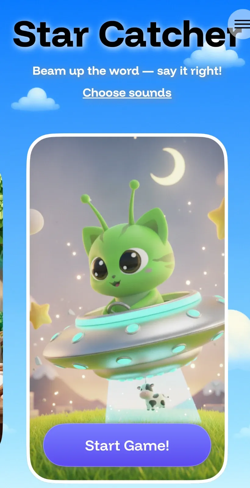 Star Catcher speech therapy game screen with a UFO beaming up a word card