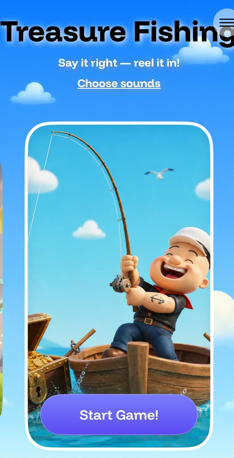 Treasure Fishing speech therapy game screen with a fish carrying a word card