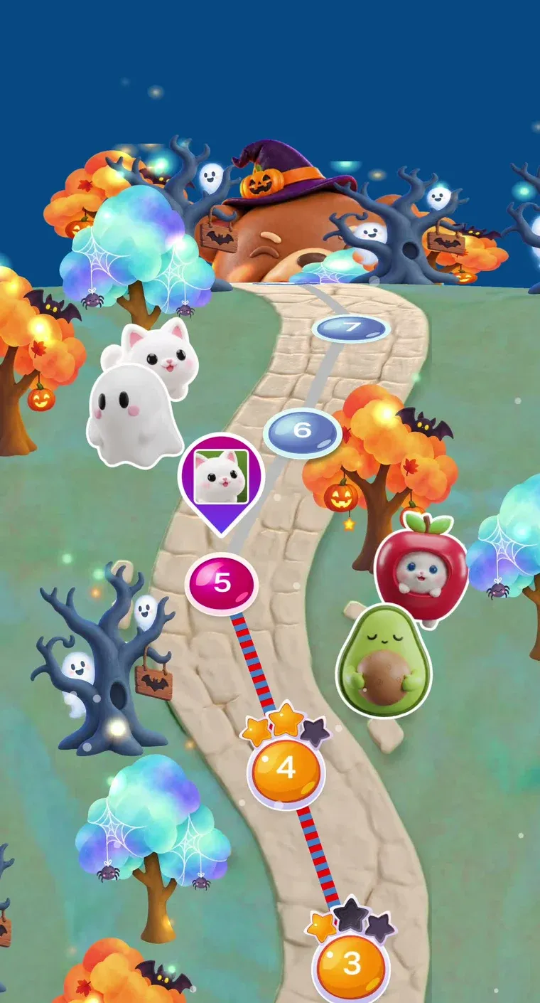 SpeechLP's Learn map: a winding stone path with numbered level stops, gold stops with stars behind the child's pin, collected friends on the grass, and a treasure bear at the top