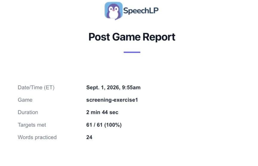 Example SpeechLP post-game report summarizing a practice session