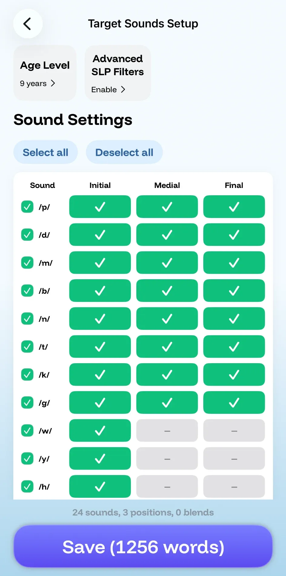Target Sounds Setup screen with age level and word-position controls